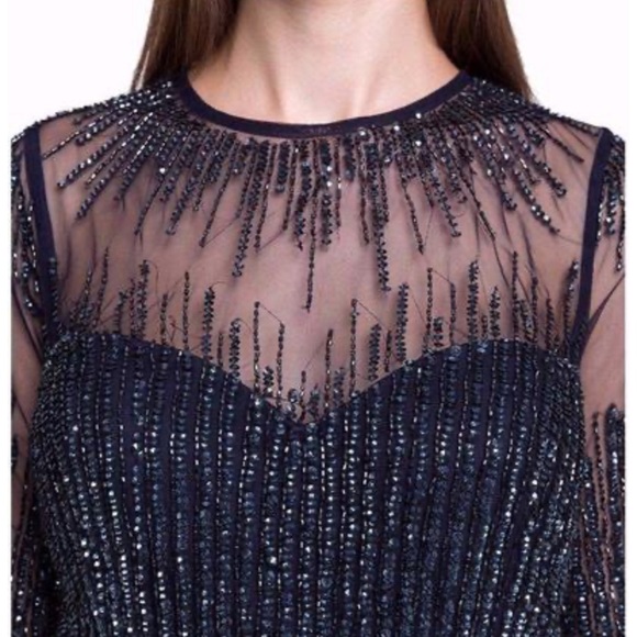 Adrianna Papell beaded 3/4 sleeves illusion sweetheart neck long gown - Picture 7 of 15